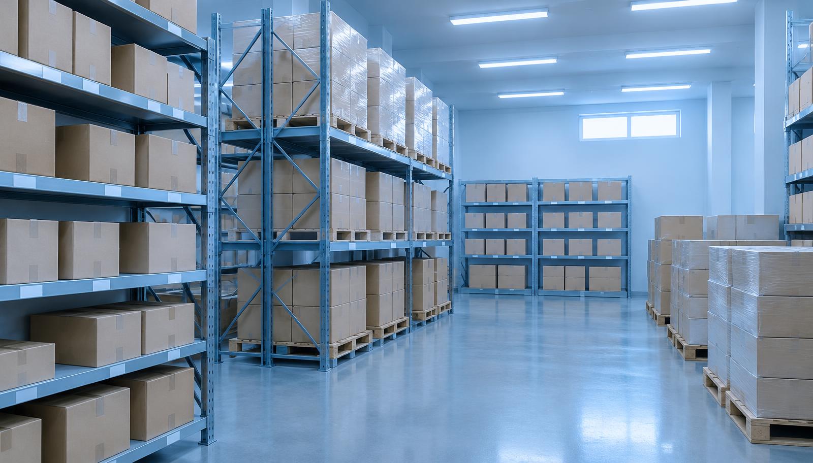 Illustrative photo of an organized stock room with cases on shelving