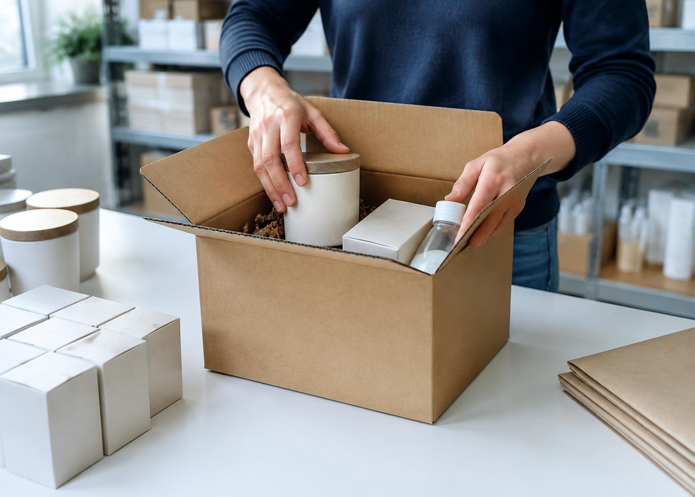 Illustrative photo of products being packed into a shipping carton